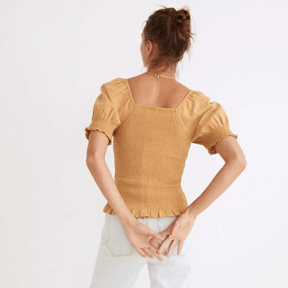 Madewell Yellow Lucie Puff-Sleeve Smocked Bodice Short Sleeve Top Size Small